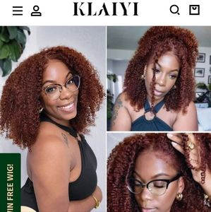 Klaiyi Auburn Brown Color Glueless Lace Frontal Wig Kinky Curly Human Hair